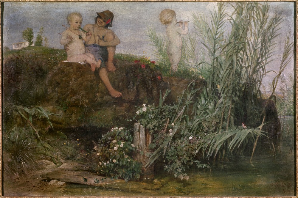 Arnold Böcklin, Maipfeifen schnitzende Kinder (Deutsche Kunst,Dorfkind,Jahreszeiten,Kind,Kunst,Musik,Frühling,Wiese,Bach,Schilf,Schweizerische Kunst,Im Freien (Allgemein),Kinderleben,Deutschrömer,Schilfrohr,Pfeife (Musik))