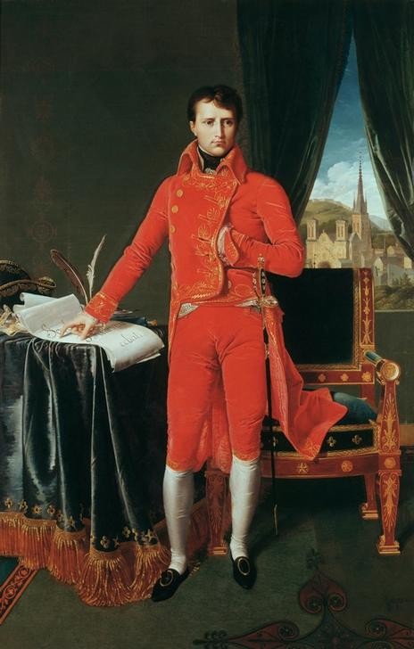 JEAN-AUGUSTE-DOMINIQUE INGRES, Napoleon I. als Erster Konsul (Geschichte,Herrenmode,Kaiser,Konsulat (1799-1804),Mann,Mode,Konsul,Klassizismus,Portrait,Staatsportrait,Schreibfeder,Französische Kunst,Urkunde,Pose,Samt,Erster Konsul,Ganzfigurig,Hand In Der Weste,Person)