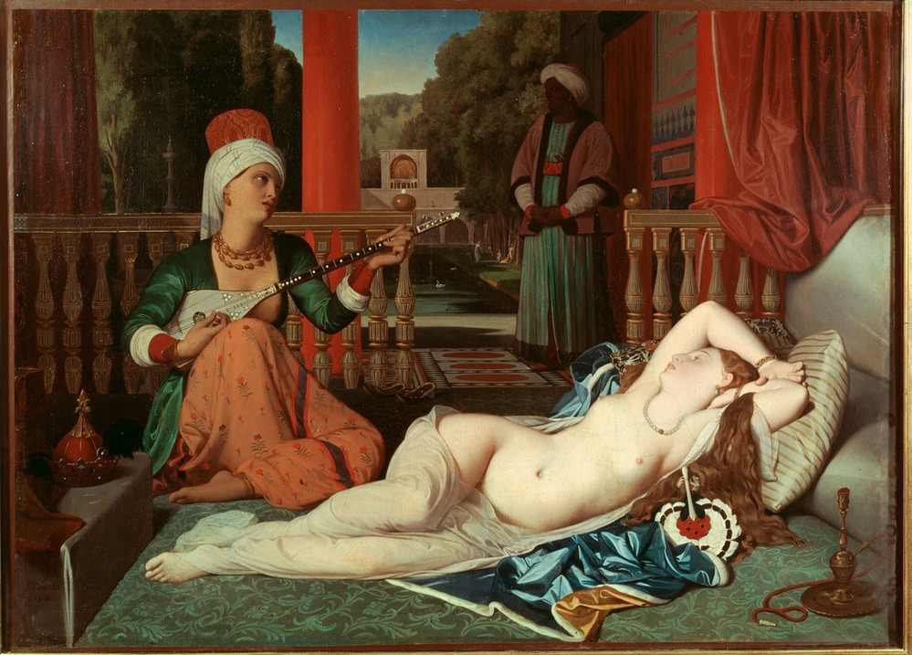 JEAN-AUGUSTE-DOMINIQUE INGRES, L’Odalisque à l’esclave (Fächer,Frau,Kunst,Musik,Saiteninstrument,Völkerkunde,Klassizismus,Akt,Orientalismus,Harem,Französische Kunst,Odaliske,Halbakt,Laszivität,Eunuch,Nichtstun,Sklavin,Liegen,Verführerisch,Schwarzer,Musikantin)