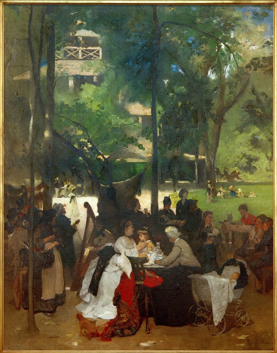 Fritz Schider, Der Chinesische Turm in München (Baby,Architektur,Deutsche Kunst,Essen Und Trinken,Familie,Frau,Gartenwirtschaft,Garten Und Park,Gastronomie,Geographie,Gesellschaftliches Leben,Gesellschaft,Kinderwagen,Kind,Kunst,Landschaft,Mädchen,Menschen Im Park,Mensch,Park,Freizeit,Stadtpark,Turm,Eng)