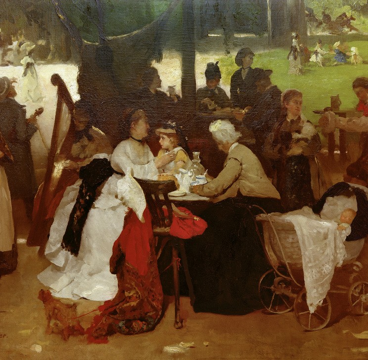 Fritz Schider, Der Chinesische Turm in München (Baby,Deutsche Kunst,Essen Und Trinken,Familie,Frau,Gartenwirtschaft,Garten Und Park,Gastronomie,Geographie,Gesellschaftliches Leben,Gesellschaft,Harfe,Kinderwagen,Kind,Kunst,Mädchen,Menschen Im Park,Mensch,Musik,Park,Freizeit,Saiteninstrument,Stadtpark,En)