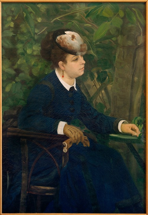 Pierre-Auguste Renoir, Frau im Garten (Damenhut,Damenmode,Frau,Garten Und Park,Handschuh,Kopfbedeckung,Kunst,Mensch,Mode,Park,Schmuck,Impressionismus,Hut,Ohrring,Portrait,Möwe,Französische Kunst,Im Freien (Allgemein),Dame,Menschen Im Garten,Sitzen,Kniestück,Garten)