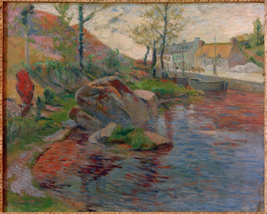 Paul Gauguin, Der Hafen von Pont-Aven (Boot,Geographie,Gewässer,Hafen,Haus,Kahn,Kunst,Landschaft,Schiff,Stadt,Impressionismus,Fluss,Französische Kunst,Ansicht,Flusschiffahrt,Topographie,Schule Von Pont-Aven,Schifffahrt)