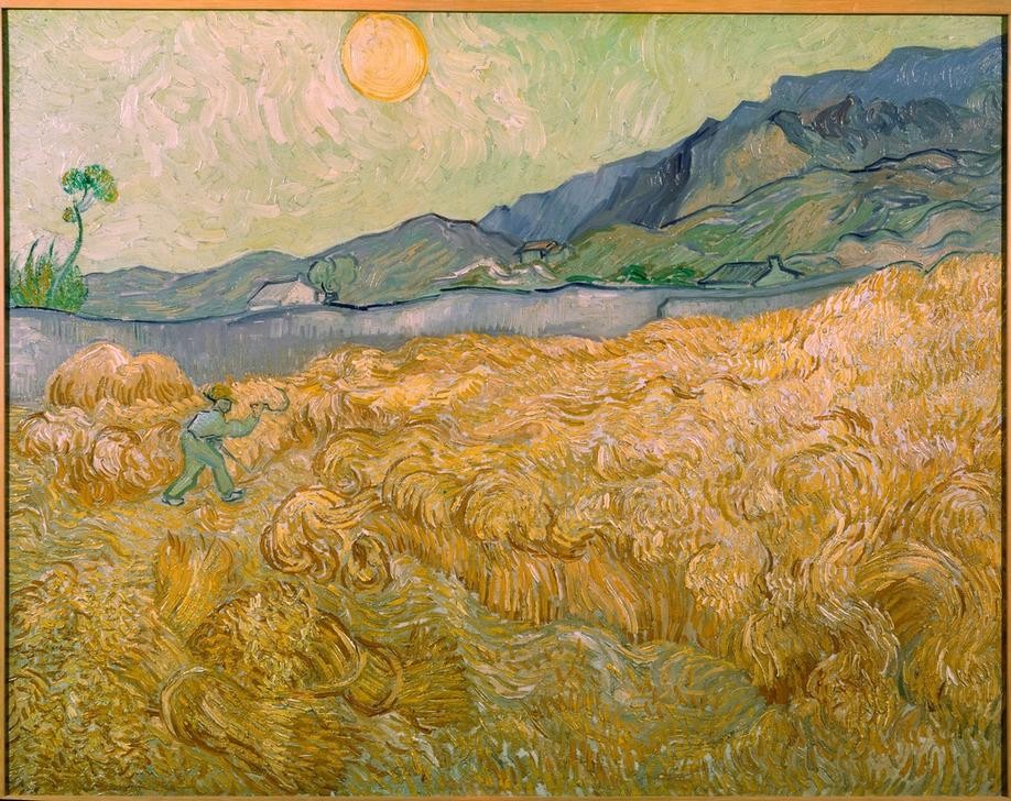 Vincent van Gogh, Weizenfeld mit Schnitter bei aufgehender Sonne (Ackerbau,Ernte,Jahreszeiten,Kunst,Landschaft,Sommer,Sonne,Impressionismus,Getreide,Niederländische Kunst,Holländische Kunst,Getreidefeld,Landwirtschaft)