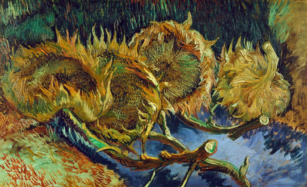 Vincent van Gogh, Vier verblühte Sonnenblumen (Botanik,Kunst,Sonnenblume,Impressionismus,Stillleben,Niederländische Kunst,Holländische Kunst,Blume,Welken)