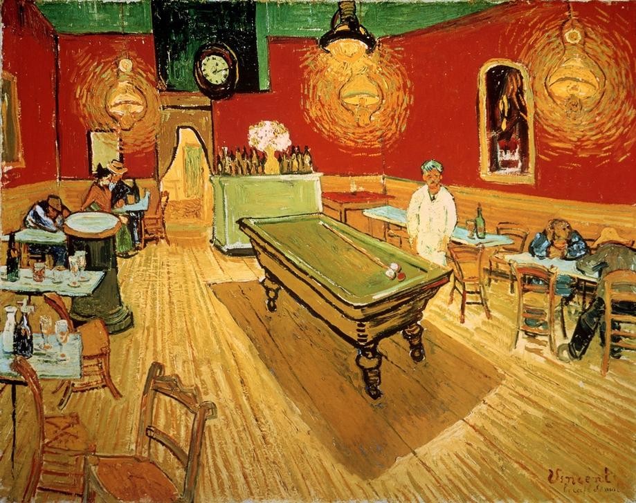Vincent van Gogh, Das Nachtcafé an der Place Lamartine in Arles (Billard,Gastronomie,Kunst,Licht Und Beleuchtung,Nachtleben,Impressionismus,Nachtlokal,Langeweile,Interieur,Niederländische Kunst,Holländische Kunst,Cafe,Beleuchtung,Billardtisch,Stadtleben,Männerleben)