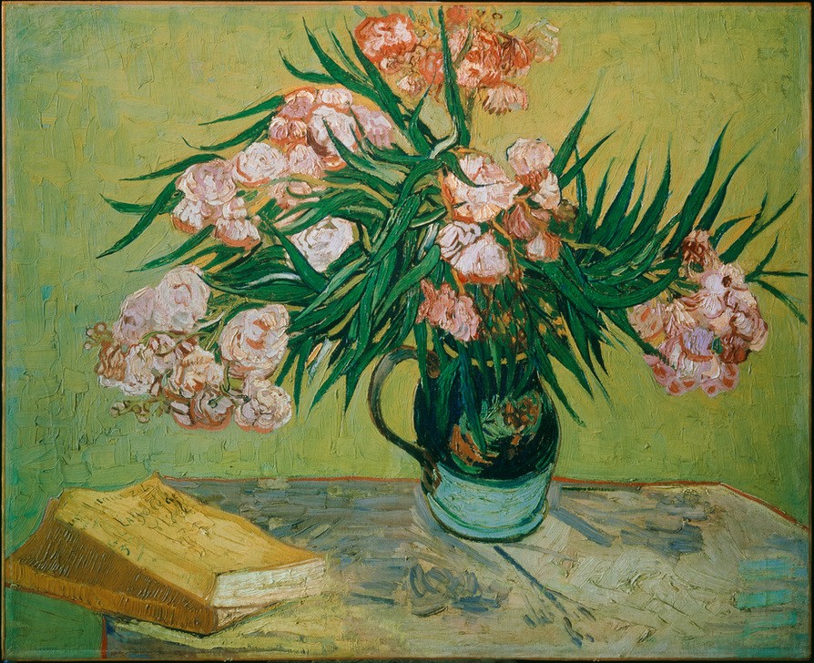 Vincent van Gogh, Stillleben: Vase mit Oleander und Bücher (Buch,Kunst,Impressionismus,Stillleben,Blumenstrauss,Vase,Niederländische Kunst,Holländische Kunst,Zweig,Oleander)