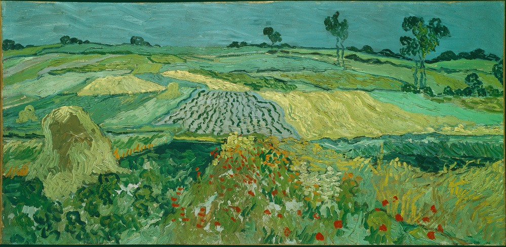 Vincent van Gogh, Die Ebene von Auvers (Ackerbau,Getreideanbau,Jahreszeiten,Kunst,Landschaft,Sommer,Weizen,Impressionismus,Mohn,Getreide,Ebene,Niederländische Kunst,Feld,Holländische Kunst,Klatschmohn,Heuschober,Getreidefeld,Postimpressionismus,Landwirtschaft,Korn (Getreide))
