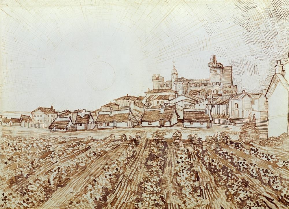 Vincent van Gogh, Blick auf Saintes-Maries (Geographie,Kunst,Wehrkirche,Impressionismus,Vedute,Stadtansicht,Niederländische Kunst,Holländische Kunst,Ansicht,Topographie)