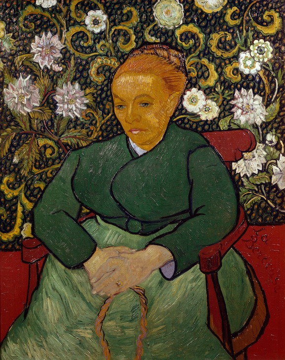 Vincent van Gogh, La Berceuse (Augustine Roulin) (Frau,Kunst,Mensch,Tapete,Impressionismus,Portrait,Niederländische Kunst,Holländische Kunst,Rote Haare,Stuhl,Sitzen,Geblümt,Kniestück,Hände Im Schoss,Kleinbuergertum)