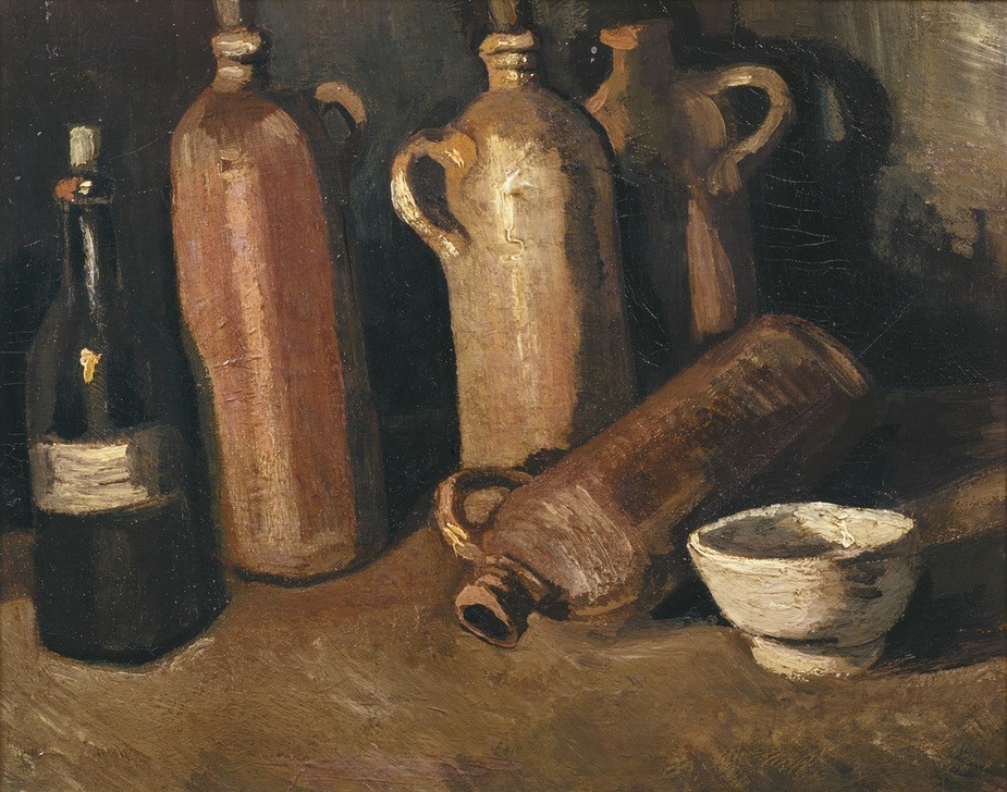 Vincent van Gogh, Stillleben mit vier Krügen, Flasche und weißer Schale (Kunst,Impressionismus,Stillleben,Schale (Gefäss),Flasche,Niederländische Kunst,Holländische Kunst,Weinflasche,Krug)