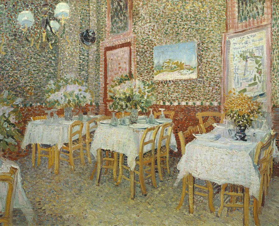 Vincent van Gogh, Inneres eines Restaurants (Gasthaus,Gastronomie,Kunst,Möbel,Impressionismus,Tisch,Restaurant,Tischtuch,Interieur,Niederländische Kunst,Tischdekoration,Holländische Kunst,Stuhl,Menschenleere)
