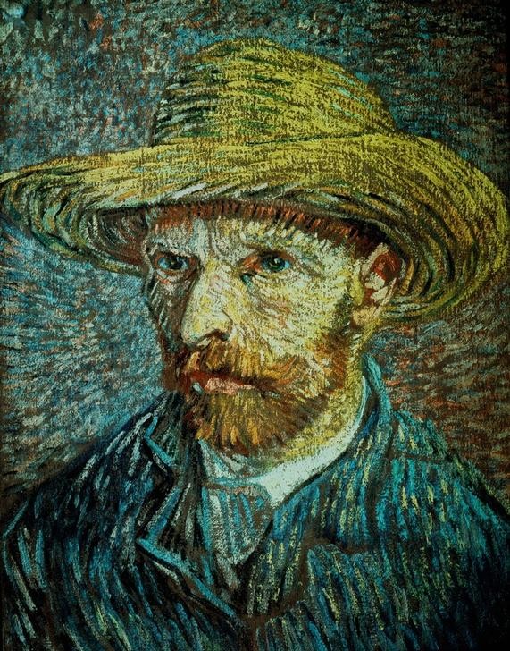 Vincent van Gogh, Selbstbildnis mit Strohhut (Herrenhut,Kopfbedeckung,Künstler,Kunst,Maler (Künstler),Mann,Impressionismus,Bart,Selbstbildnis,Portrait,Strohhut,Niederländische Kunst,Holländische Kunst,Kopf,Person)
