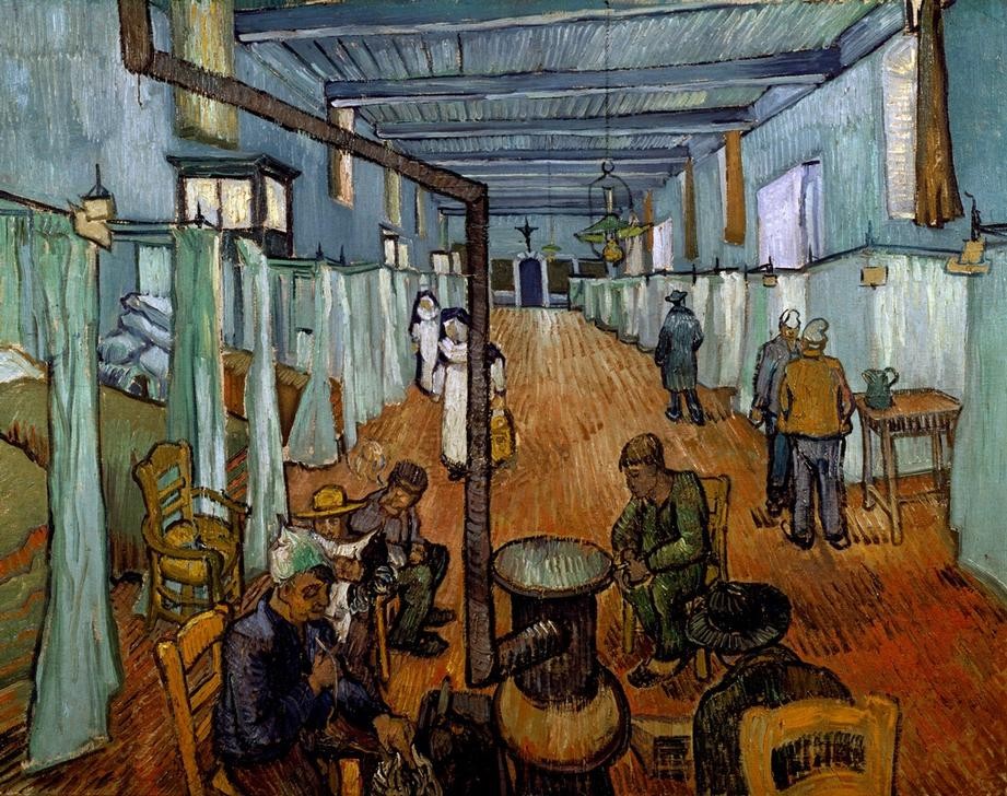 Vincent van Gogh, Schlafsaal im Hospital in Arles (Heizung,Krankenhaus,Krankenschwester,Kunst,Medizin,Soziales,Impressionismus,Nonne,Ofen (Heizung),Interieur,Schlafsaal,Niederländische Kunst,Holländische Kunst,Ofenrohr,Krankenzimmer,Kanonenofen,Hospital)