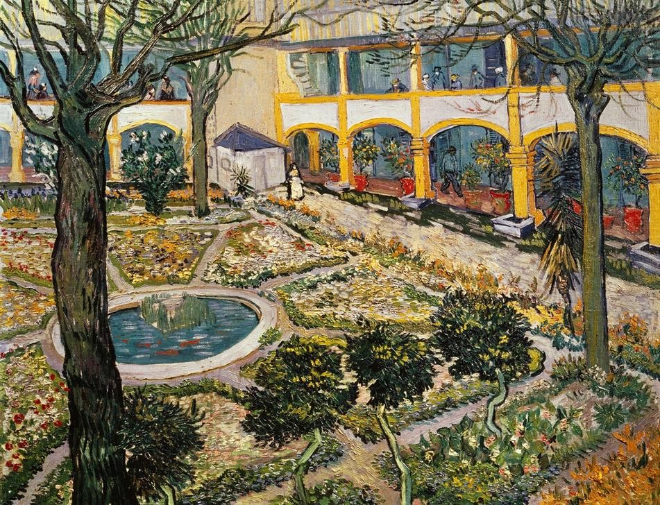 Vincent van Gogh, Garten des Hospitals in Arles (Krankenhaus,Kunst,Impressionismus,Arkade,Architekturdarstellung,Niederländische Kunst,Holländische Kunst,Ziergarten,Innenhof,Hospital,Garten)