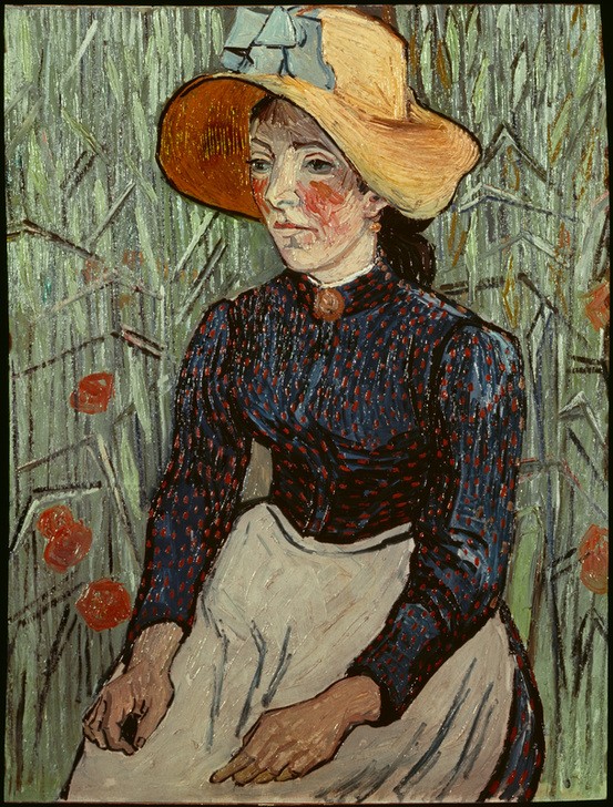Vincent van Gogh, Junge Bäuerin mit Strohhut, vor einem Weizenfeld sitzend (Damenhut,Frau,Jugend (Lebensalter),Kopfbedeckung,Kunst,Mensch,Impressionismus,Hut,Portrait,Strohhut,Bäuerin,Schürze,Niederländische Kunst,Holländische Kunst,Jugendliche,Landbevölkerung,Sitzen,Junge Frau,Kniestück,Hände Im Schoss)