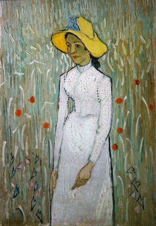 Vincent van Gogh, Junges Mädchen, vor einem Weizenfeld stehend (Damenhut,Damenmode,Frau,Jugend (Lebensalter),Kopfbedeckung,Kunst,Mädchen,Mensch,Mode,Impressionismus,Mohn,Portrait,Strohhut,Niederländische Kunst,Holländische Kunst,Im Freien (Allgemein),Kleid,Jugendliche,Getreidefeld,Junge Frau,Kniestück)