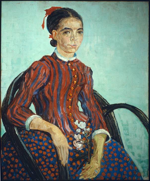 Vincent van Gogh, La Mousmé im Lehnstuhl (Frau,Kunst,Mensch,Impressionismus,Portrait,Niederländische Kunst,Holländische Kunst,Blume,Sitzen,Junge Frau,Kniestück)