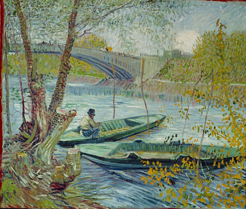 Vincent van Gogh, Fischen im Frühling, die Brücke von Clichy (Asnières) (Angeln (Sport),Architektur,Boot,Brücke,Fischer,Jahreszeiten,Kahn,Kunst,Landschaft,Mann,Ruderboot,Impressionismus,Frühling,Fluss,Einsamkeit,Architekturdarstellung,Niederländische Kunst,Holländische Kunst,Postimpressionismus)