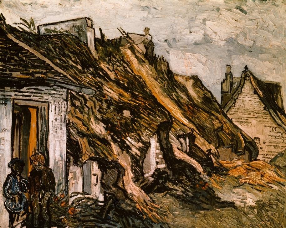 Vincent van Gogh, Strohgedeckte Hütten in Chaponval (Bauernhaus,Dorf,Kunst,Landschaft,Impressionismus,Architekturdarstellung,Strohdach,Niederländische Kunst,Holländische Kunst)