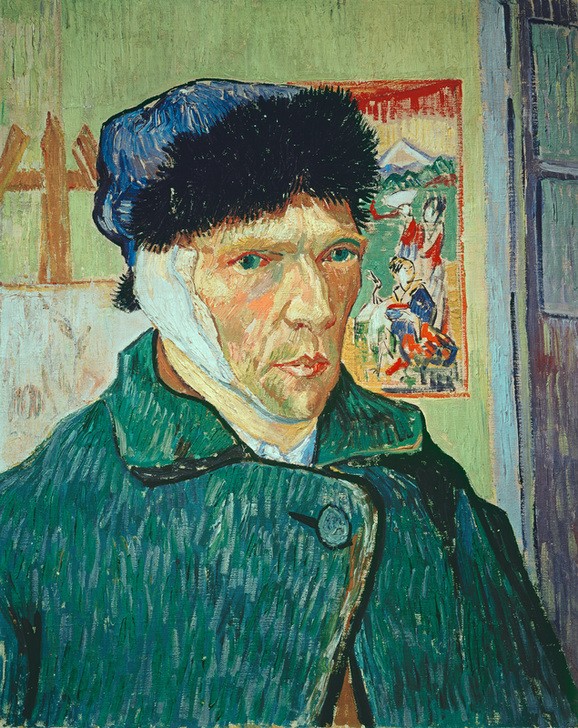 Vincent van Gogh, Selbstbildnis mit verbundenem Ohr (Künstler, Selbstportrait,  Verband, Ohr, Pelzmütze,  Selbstverstümmelung, Persönlichkeiten, Klassische Moderne, Impressionismus, Wohnzimmer, Treppenhaus, Wunschgröße, bunt)