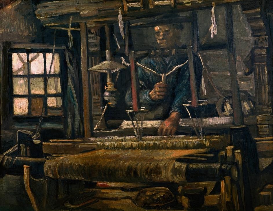 Vincent van Gogh, Weber am Webstuhl (Arbeit,Beruf,Handwerk Und Gewerbe,Kunst,Mann,Petroleumlampe,Szene,Textil,Weber (Handwerk),Impressionismus,Weberei,Technik,Genre,Webstuhl,Niederländische Kunst,Holländische Kunst,Rückständigkeit,Textilindustrie,Handwerk,Gewerbe)