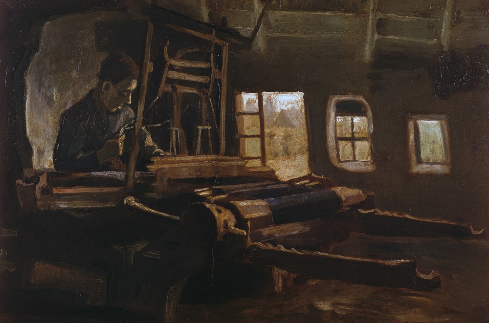 Vincent van Gogh, Weber am Webstuhl in einem Raum mit drei Fenstern (Handwerk Und Gewerbe,Kunst,Petroleumlampe,Szene,Textil,Weber (Handwerk),Impressionismus,Technik,Interieur,Genre,Webstuhl,Niederländische Kunst,Holländische Kunst,Rückständigkeit,Textilindustrie,Handwerk,Gewerbe)