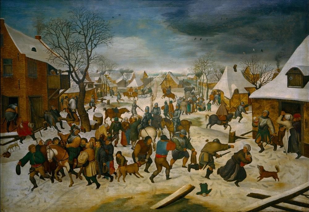 Pieter Brueghel der Jüngere, Der bethlehemitische Kindermord (Christentum,Dorf,Jahreszeiten,Kind,Landsknecht,Militär,Religion,Soldat,Überfall,Volkskunde,Winter,Schnee,Hund,Grausamkeit,Flucht,Neues Testament,Bibel,Manierismus,Architekturdarstellung,Bethlehemitischer Kindermord,Niederländische Kunst,Gewalt,Verzweiflun)