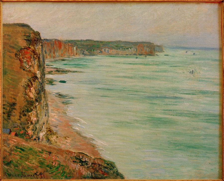 Claude Monet, Windstille, Fécamp (Küste,Kunst,Landschaft,Meteorologie,Wetter,Meer,Impressionismus,Felsen,Französische Kunst,Ufer,Steilküste,Windstille,Signatur)