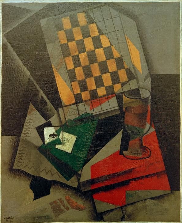 Juan Gris, Damier et Cartes à Jouer (Kunst,Spiel,Kartenspiel,Kubismus,Stillleben,Spanische Kunst,Spielkarten,Trinkglas,Schachbrett)