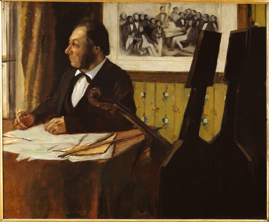 Edgar Degas, Louis-Marie Pilet (Kunst,Mann,Mensch,Musiker,Musik,Oper,Orchester,Violoncello,Impressionismus,Instrument,Bild Im Bild,Portrait,Französische Kunst,Violoncellist,Schreiben)