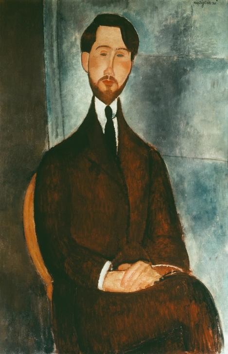 Amedeo Modigliani, Portrait de Leopold Zborowski (Dichter,Kunsthändler,Kunst,Literatur,Mann,Bart,Portrait,Italienische Kunst,Sitzen,Ecole De Paris,Kniestück,Hände Im Schoss,Person)