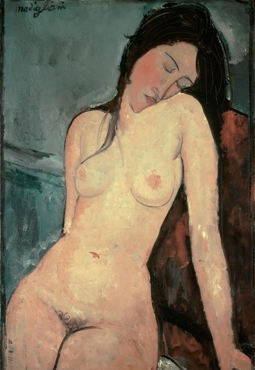 Amedeo Modigliani, Sitzender weiblicher Akt (Frau,Kunst,Akt,Italienische Kunst,Erotische Kunst,Schamhaar,Sitzen,Halbfigur)