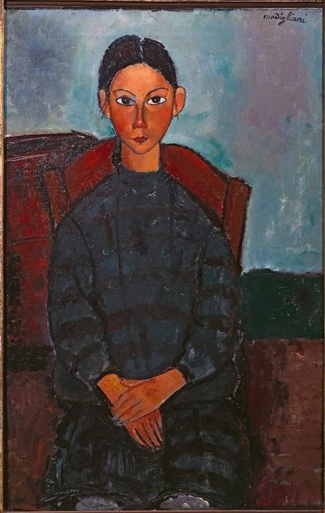 Amedeo Modigliani, La fillette au tablier noir (Kind,Kunst,Mädchen,Mensch,Portrait,Italienische Kunst,Sitzen,Ecole De Paris,Privatsammlung,Hände Im Schoss)