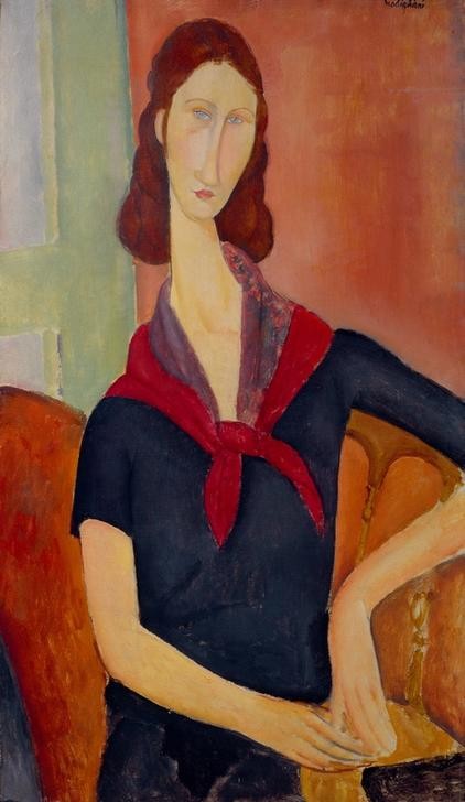 Amedeo Modigliani, Portrait de Jeanne Hébuterne (Frau,Kunst,Halstuch,Geliebte,Portrait,Künstlerfrau,Italienische Kunst,Sitzen,Ecole De Paris,Privatsammlung,Halbfigur,Person)