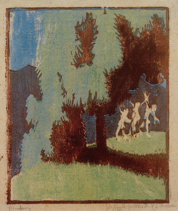 Ernst Ludwig Kirchner, Elfentanz im Mondschein (Deutsche Kunst,Frau,Kastanie,Kunst,Landschaft,Mond,Mythologie,Tänzerin,Tanz,Tageszeiten,Wald,Abend,Nacht,Fabelwesen,Elfe,Baum,Expressionismus,Die Brücke,Licht,Im Freien (Allgemein),Volksglaube,Jahrhundertwende,Tanz Im Freien,Mondschein,Kastanienbaum,Eleme)