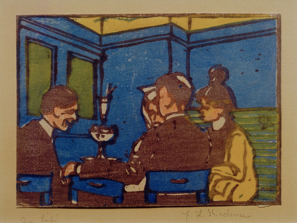 Ernst Ludwig Kirchner, Im Café II (Deutsche Kunst,Essen Und Trinken,Frau,Gastronomie,Gesellschaftliches Leben,Gesellschaft,Kunst,Mann,Mensch,Tafelsitten,Tisch,Expressionismus,Interieur,Die Brücke,Cafe,Innenansicht,Sitzen,Jahrhundertwende,Geselliges Beisammensein,Lila,Signatur,Unterhaltung)