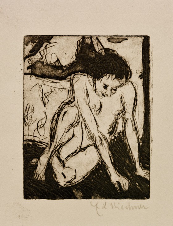 Ernst Ludwig Kirchner, Sitzendes nacktes Mädchen (Deutsche Kunst,Frau,Kunst,Mädchen,Mensch,Akt,Expressionismus,Die Brücke,Nacktheit,Sitzen,Jahrhundertwende,Junge Frau,Ganzfigurig,Signatur)