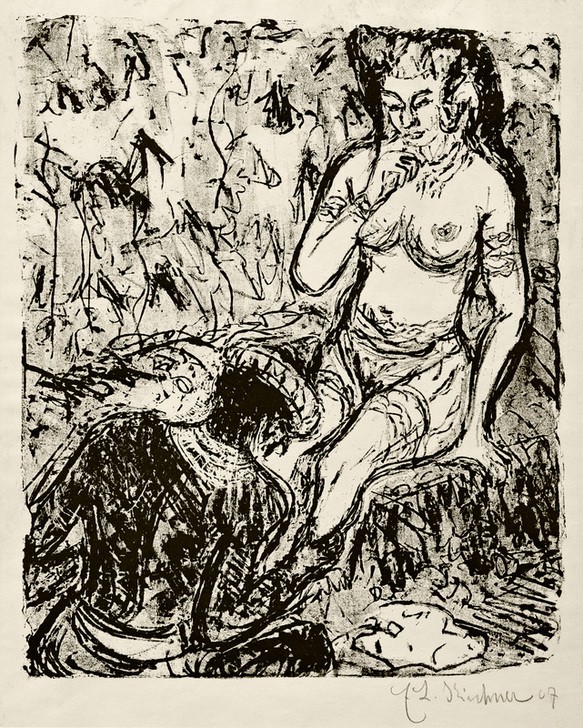 Ernst Ludwig Kirchner, Die Huldigung (Deutsche Kunst,Frau,Dichter,König,Kunst,Liebe,Liebespaar,Literatur,Mann,Mensch,Theater,Akt,Expressionismus,Huldigung,Die Brücke,Schauspiel,Nacktheit,Paar,Jahrhundertwende,Person,Signatur)