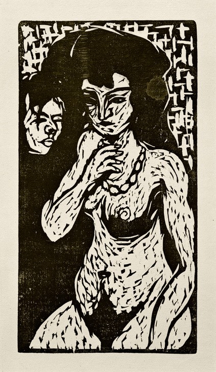 Ernst Ludwig Kirchner, Mädchenakt mit Selbstbildnis (Deutsche Kunst,Grafiker,Frau,Kette (Schmuck),Künstler Und Modell,Künstlerleben,Künstler,Kunst,Mädchen,Maler (Künstler),Mann,Mensch,Modell,Schmuck,Selbstbildnis,Akt,Portrait,Expressionismus,Halskette,Die Brücke,Nacktheit,Sitzen,Junge Frau,Doppelportrait)