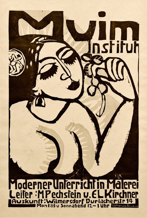 Ernst Ludwig Kirchner, Plakat ‘Muim Institut' (Akademie,Deutsche Kunst,Frau,Künstler,Kunst,Werbung,Plakat,Portrait,Expressionismus,Die Brücke,Gebrauchsgrafik,Kunstschule,Monogramm,Künstlerausbildung,Malunterricht,Schrift)