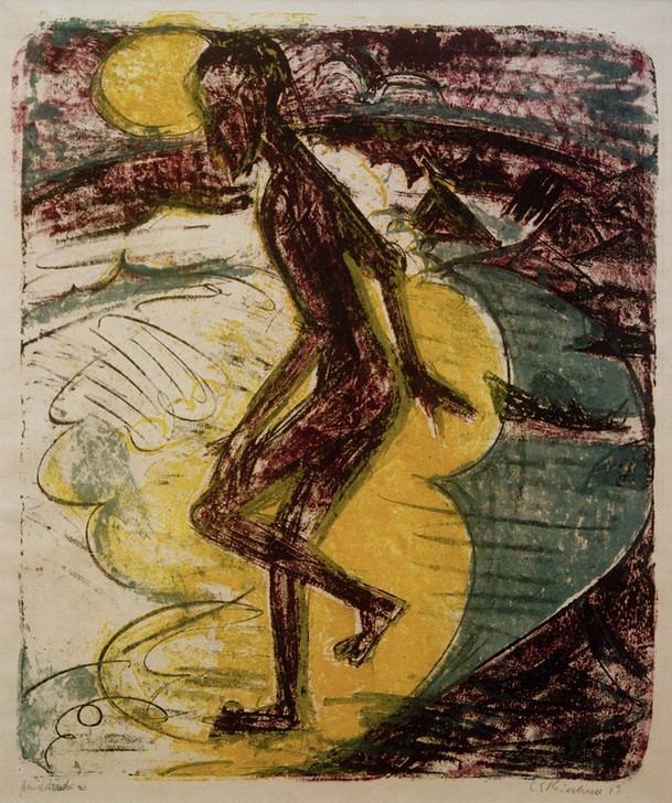 Ernst Ludwig Kirchner, Ins Meer steigender Mann (Körperpflege,Bad Im Freien,Bad,Deutsche Kunst,Freikörperkultur,Küste,Kunst,Landschaft,Mann,Mensch,Freizeit,Seebad,Strand,Meer,Akt,Expressionismus,Die Brücke,Im Freien (Allgemein),Nacktheit,Ufer,Ganzfigurig,Schreiten,Männerleben,Bewegung,Signatur)