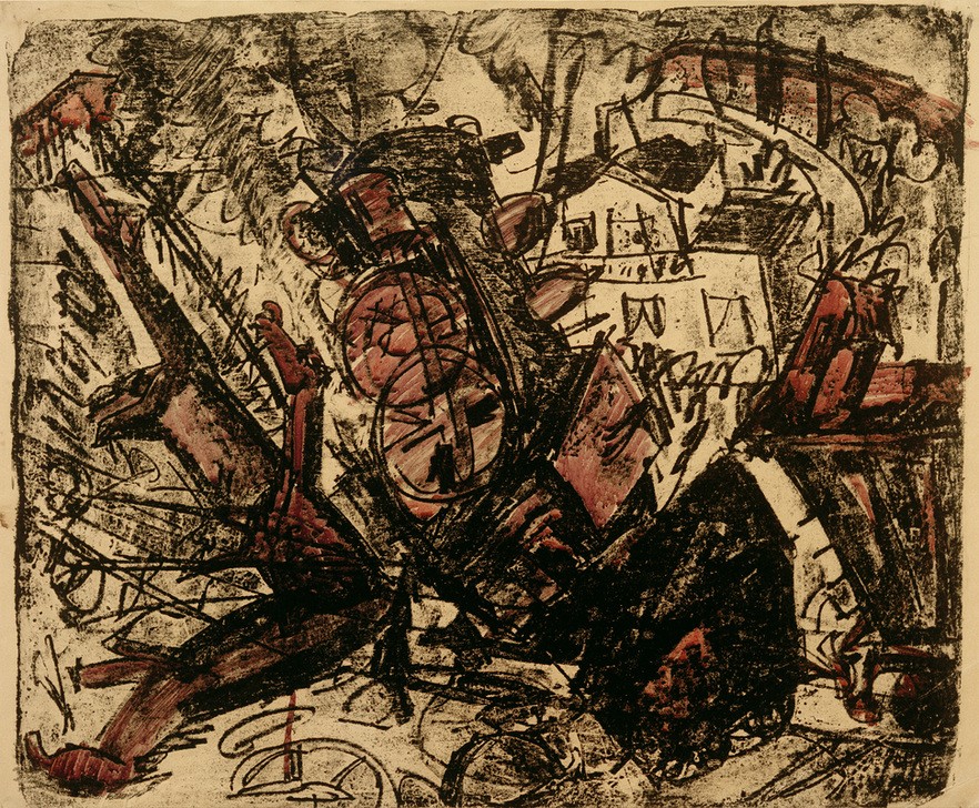 Ernst Ludwig Kirchner, Das Eisenbahnunglück (Deutsche Kunst,Eisenbahn,Kunst,Literatur,Lokomotive,Mann,Pferdefuhrwerk,Pferd (Tier),Schriftsteller,Szene,Unfall,Unfall Und Unglück,Unglück,Verkehr,Expressionismus,Roman,Bahn,Die Brücke,Zusammenstoss,Tier,Verkehrsunfall,Person,Fuhrwerk)