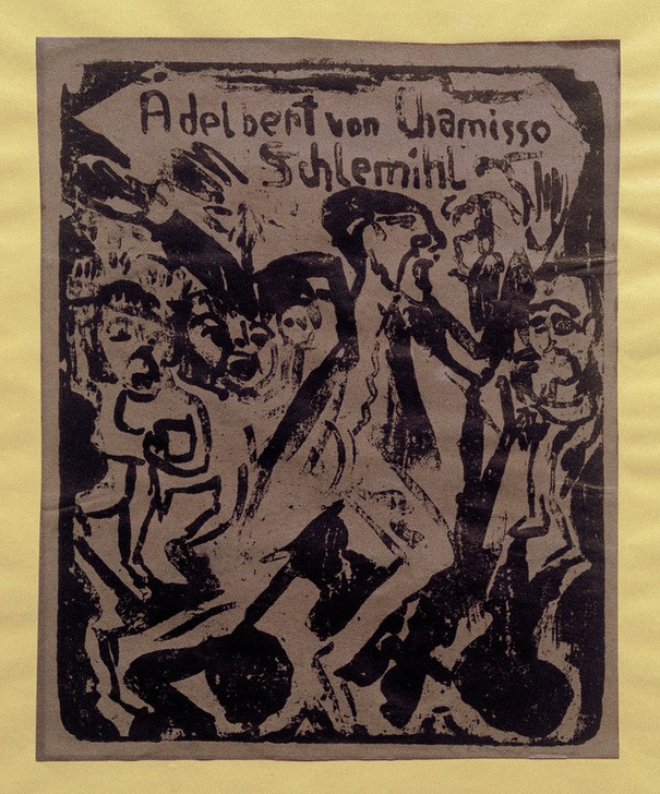 Ernst Ludwig Kirchner, Peter Schlemihl Umschlag (Bucheinband,Deutsche Kunst,Dichter,Kunst,Literatur,Märchen,Mann,Mensch,Expressionismus,Die Brücke,Titelseite,Illustration,Lila,Person,Schrift,Farbe)