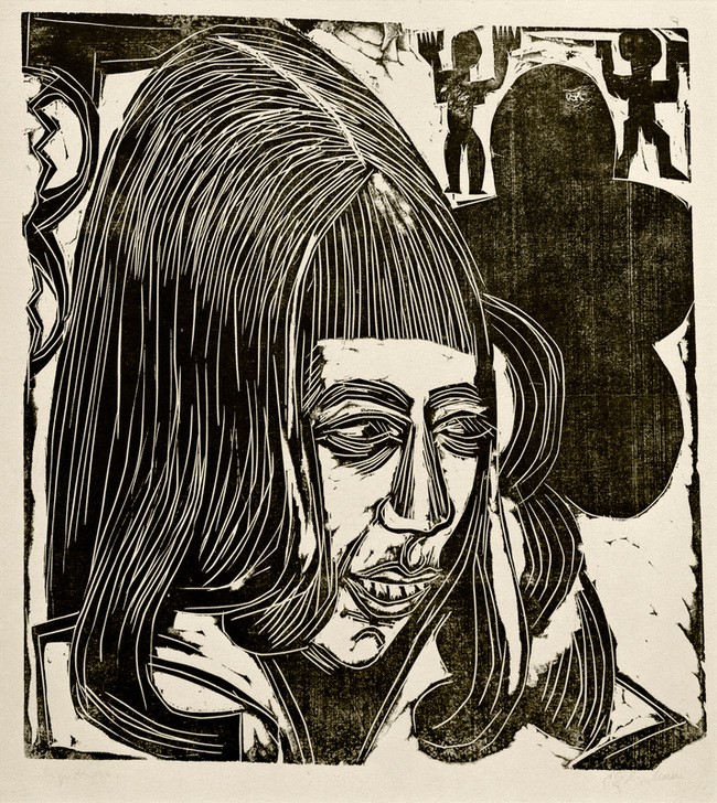 Ernst Ludwig Kirchner, Tochter Sternheim (Deutsche Kunst,Frau,Kunst,Mensch,Portrait,Expressionismus,Die Brücke,Lächeln,Pony,Langes Haar,Kopf,Mimik,Junge Frau,Mittelscheitel,Halbprofil,Frisur,Signatur)