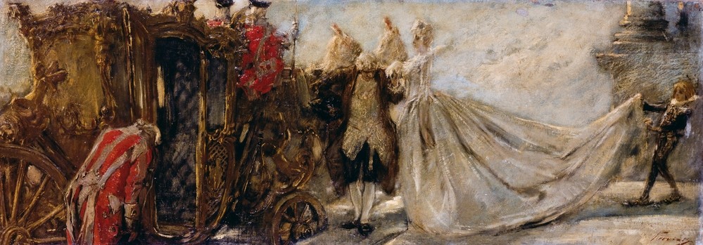 Gaetano Previati, Leaving church (Hochzeit, Hochzeitskleid, Braut, Dienstboten, Luxus, Kutsche, Wunschgröße, klassische Moderne, Wohnzimmer)