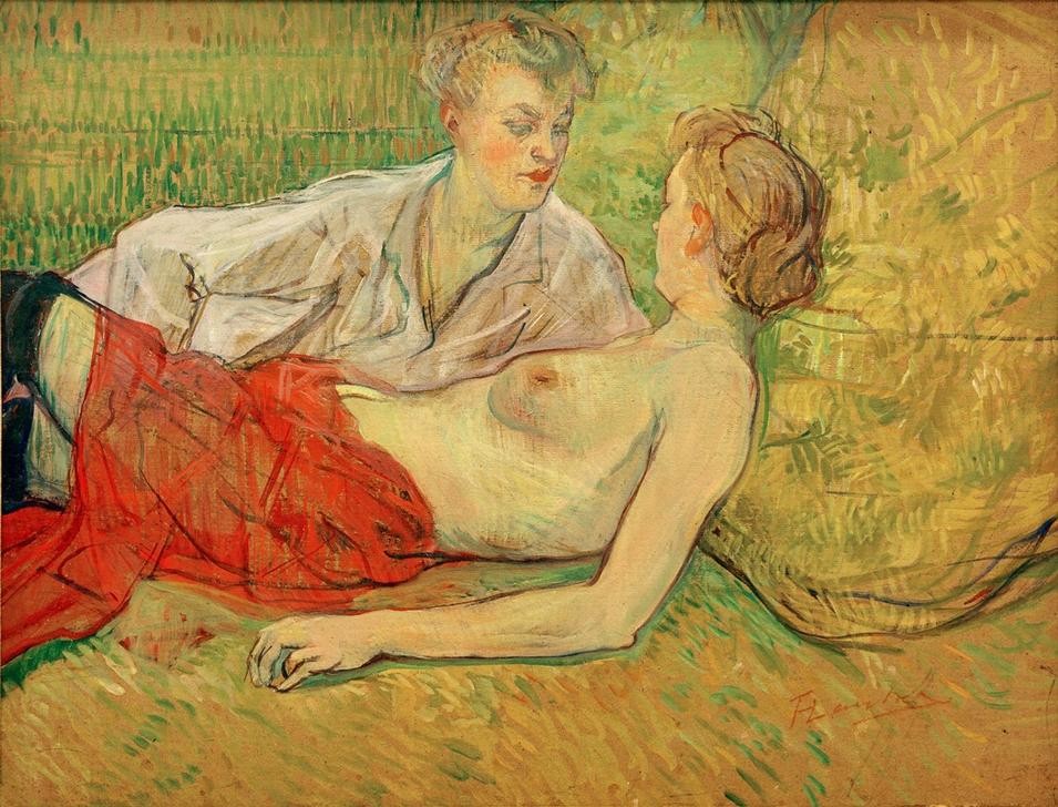 Henri de Toulouse-Lautrec, Die beiden Freundinnen (Bett,Erotik,Frau,Jugendstil,Liebespaar,Prostitution,Lesbische Liebe,Akt,Prostituierte,Französische Kunst,Sexualität,Halbakt,Frauenleben,Bordell,Halbwelt)