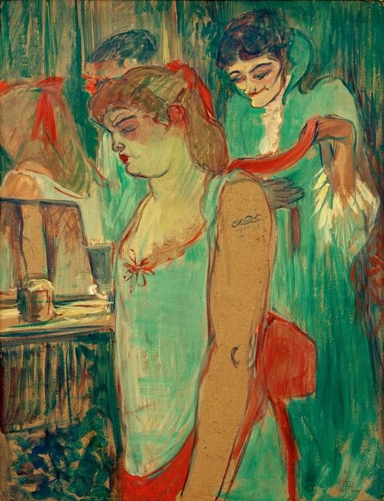 Henri de Toulouse-Lautrec, Die tätowierte Frau (Erotik,Frau,Haarpflege,Jugendstil,Prostitution,Toilette (Körperpflege),Prostituierte,Tätowierung,Französische Kunst,Sexualität,Frauenleben,Bordell,Halbwelt,Frisieren)