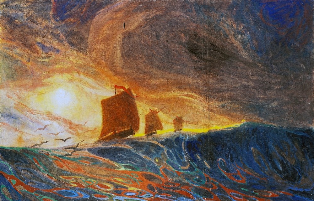 Plinio Nomellini, Marina and seagulls  (Meer, Sturm, Seestück, Welle, Unwetter, Wolken, Möwen, Spiegelung, Sonnenlicht,  Divisionismus, Neo-Impressionismus, Klassiker, Wunschgröße, Wohnzimmer)