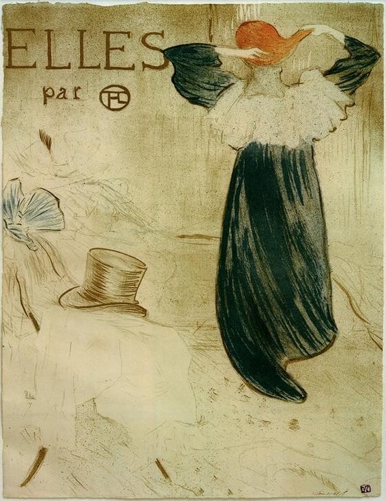 Henri de Toulouse-Lautrec, Frontispice pour Elles (Körperpflege,Bad,Damenmode,Erotik,Frau,Haarpflege,Jugendstil,Mode,Morgentoilette,Prostitution,Zylinder (Hut),Morgenmantel,Prostituierte,Rückenfigur,Französische Kunst,Titelseite,Rote Haare,Belle Epoque,Fin De Siecle,Frauenleben,Bordell,Privatsammlung,Fris)